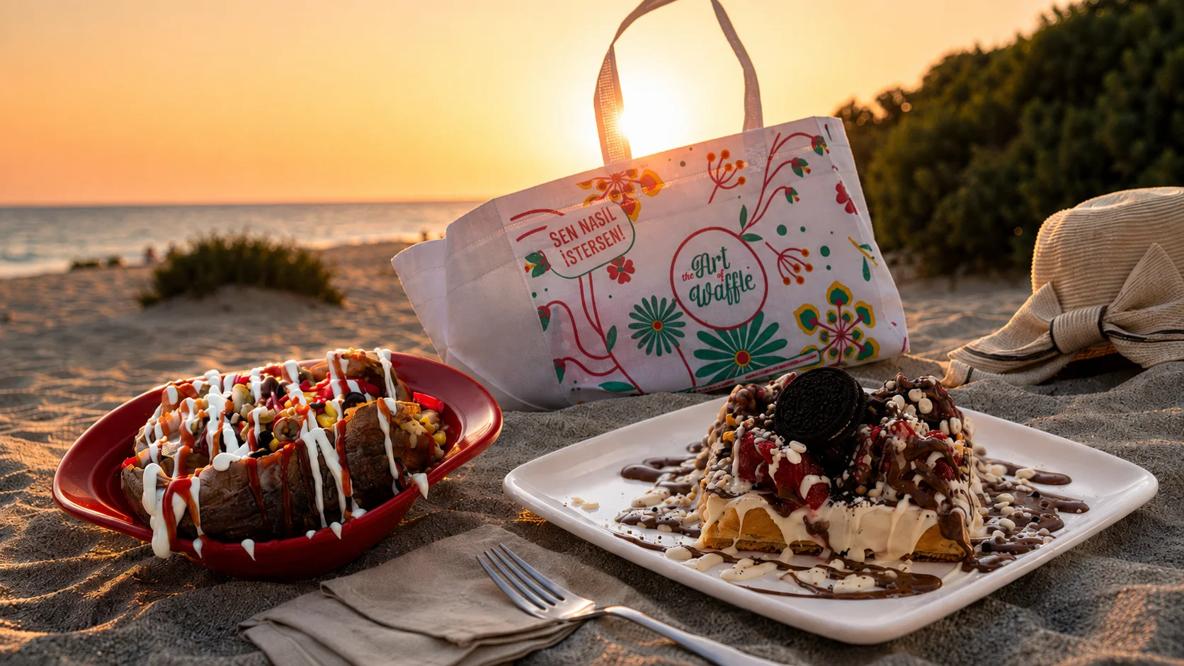 Patara gün batımında kumpir ve waffle sunumu